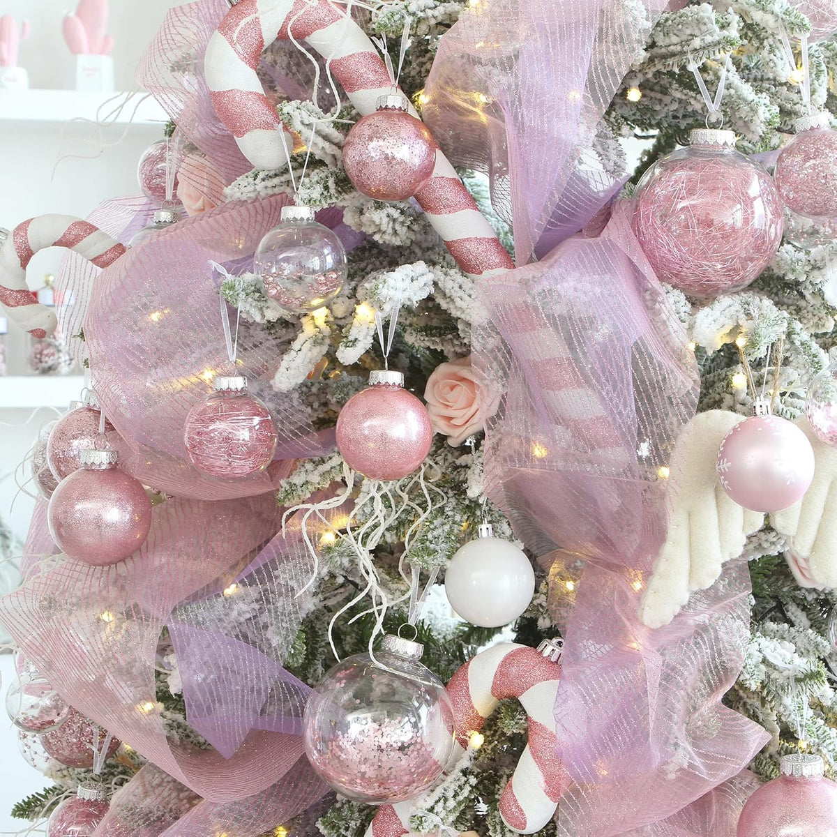 Sea Team Shatterproof Clear Plastic Christmas Ball Ornaments Decorative Xmas Balls Baubles Set with Stuffed Delicate Decorations (70mm/2.76 inch 24-Pack, Pink)