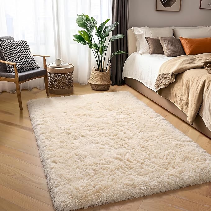 Amdrebio Beige Boho Furry Small Area Rug 3x5 - Image 3
