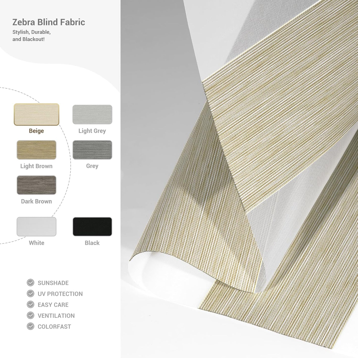 Cordless Zebra Blinds for Windows, Blackout Interior Blinds,Easy to Install,UV Protection,for Offices and Home,Custom Roller Shades, Mousse Beige,20" W x 72" H