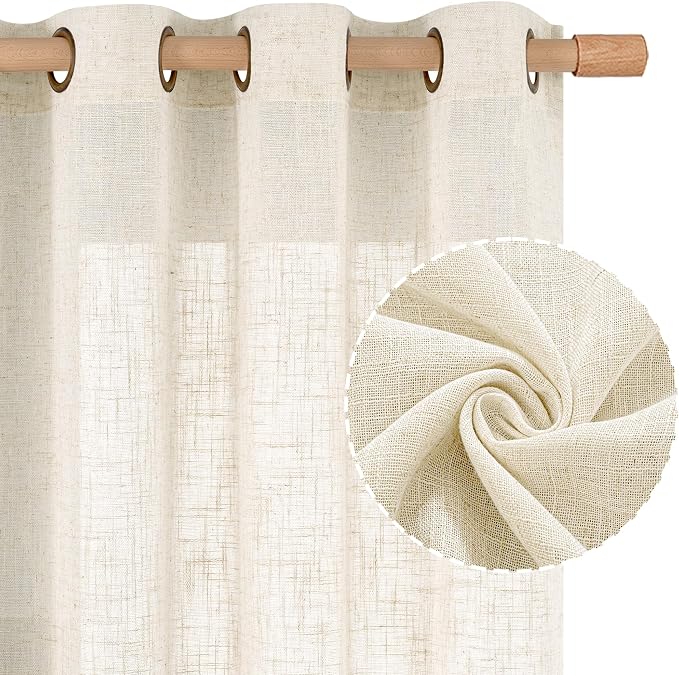 48 Inch Length Short Linen Kitchen Curtains 2 Panels, Cream Ivory | Light - Image 2