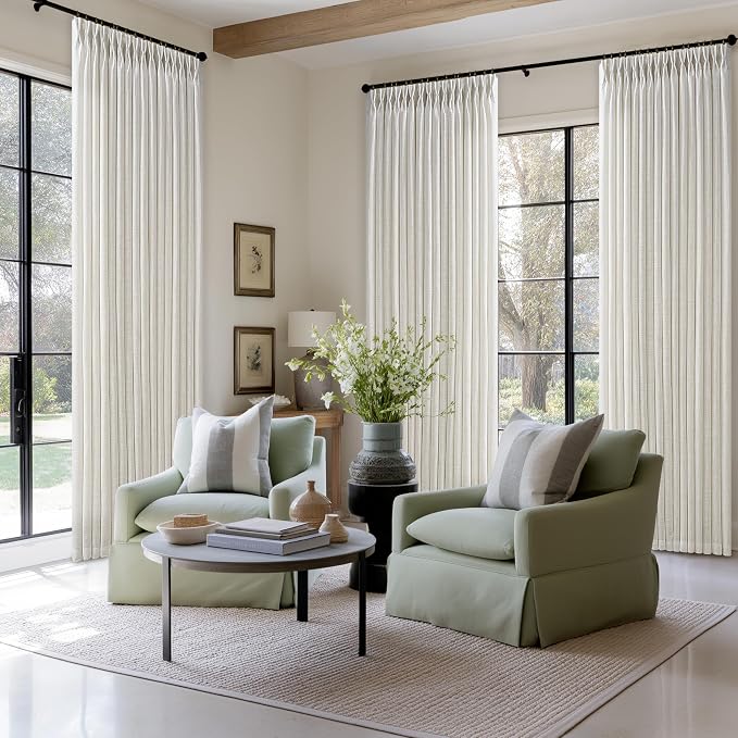 94 Inch Linen Semi Sheer Pinch Pleat Boho Curtains Natural 50 Inch Wide | - Image 7