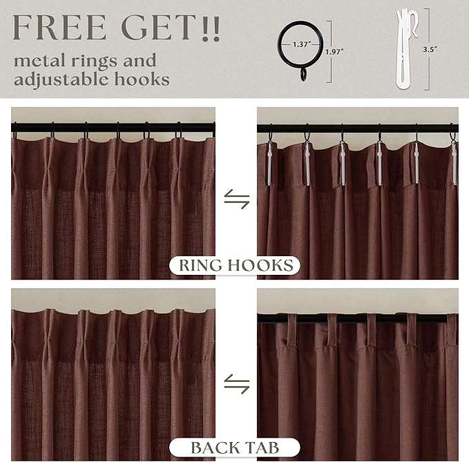 Brick Brown Pinch Pleated Light Filtering Linen Curtains 90 Inches Long | - Image 5