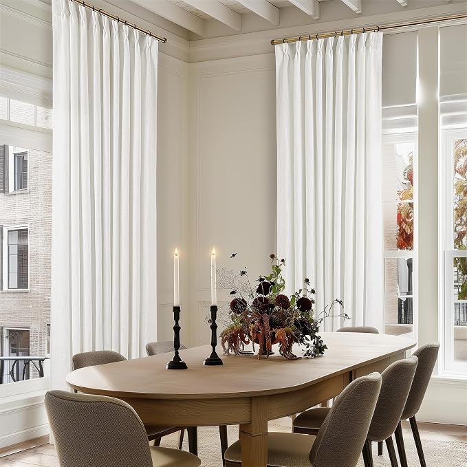 90 Inches Long Linen Curtains 60 Inch Width Pinch Pleated Beige White | Ivory - Image 9
