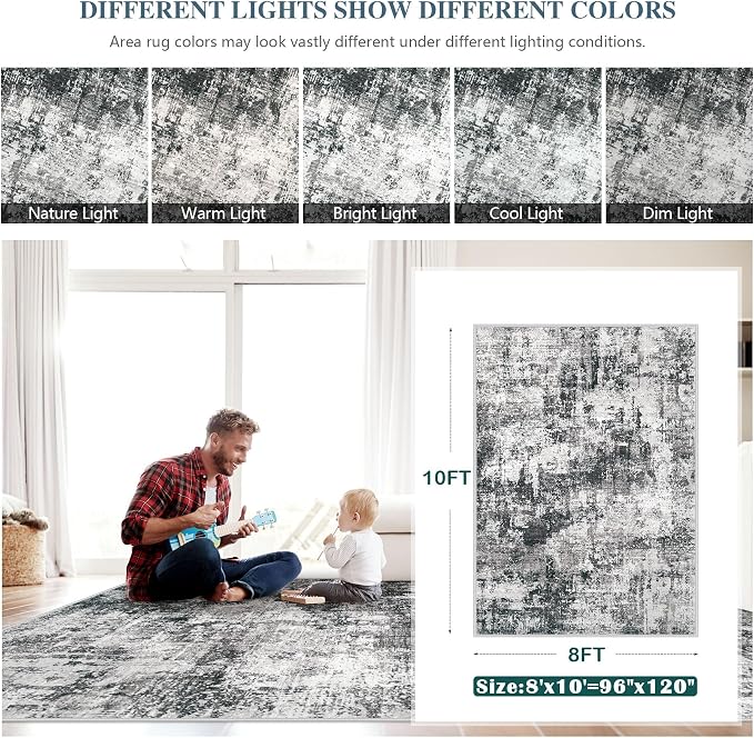 8x10 Area Rugs Washable Rug: Abstract Neutral Rugs Modern Non Slip Area Rug - Image 2