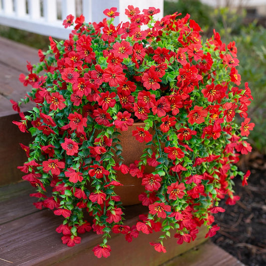 INSPRING Artificial Faux Outdoor Outside Flowers Plants, 2 PCS Fake Silk UV Resistant Look Real Red Daisy Trailing Vines for Front Door Porch Planter Urn Patio Balcony Decoration
