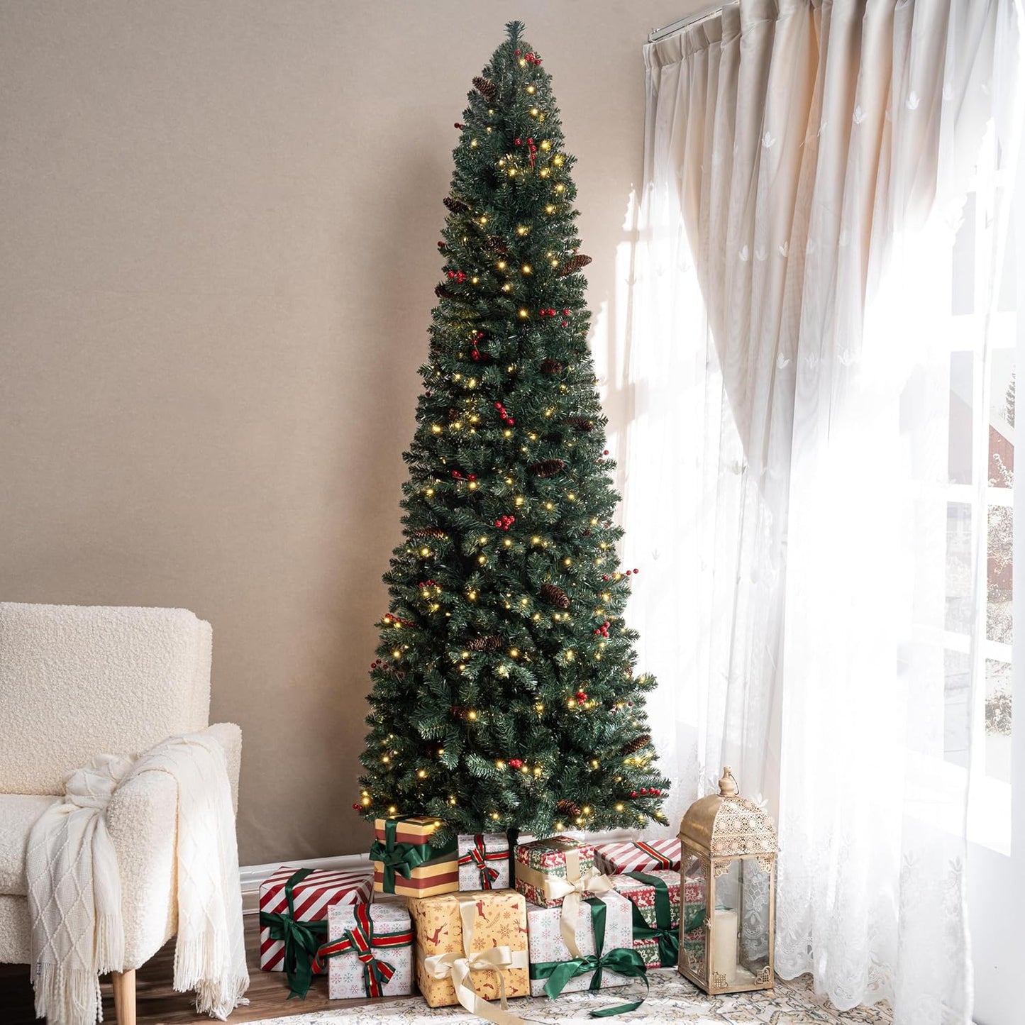 Naomi Home Belen 9ft Pencil Christmas Tree Prelit pre-Decorated with Pine Cones, Red Berries, 1457 Branch Tips, 500 Warm Lights and Metal Stand, 37" Wide Skinny Christmas Tree with Lights
