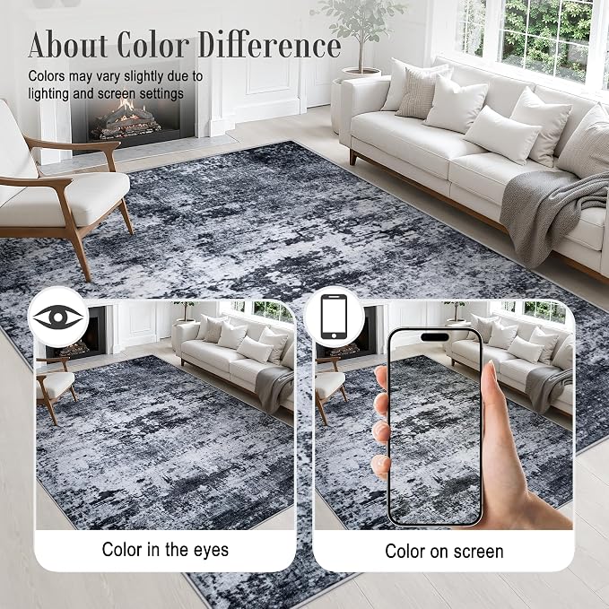 Area Rug Living Room: 8x8 Modern Washable Indoor Carpet Black | - Image 6