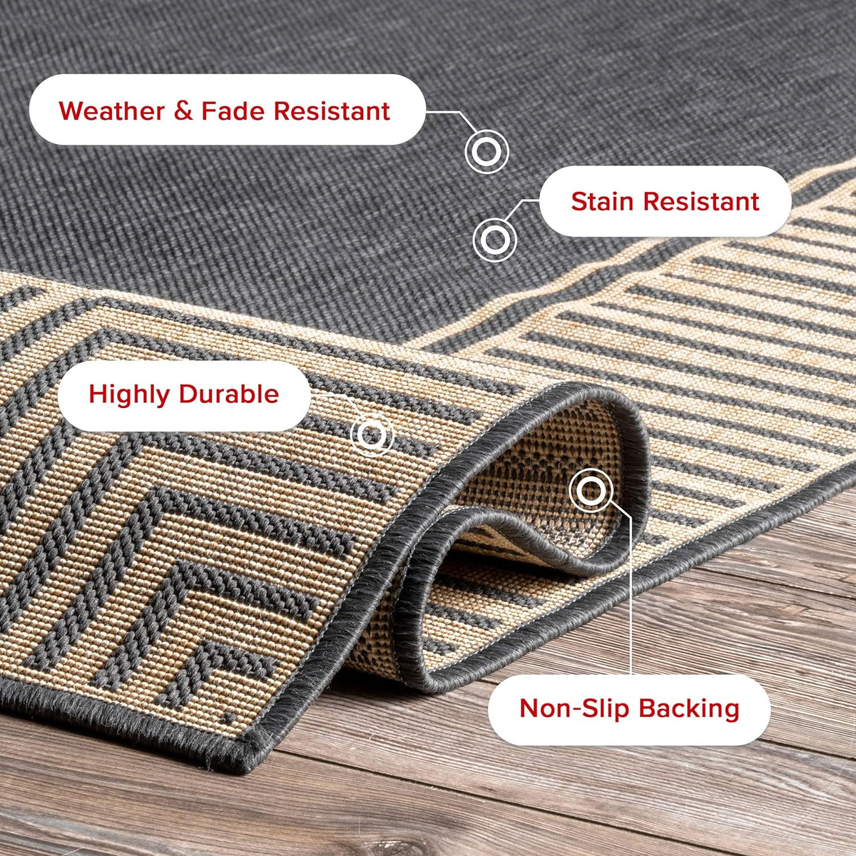 nuLOOM 8' x 10' Outdoor Area Rug, Casual Design With Striped Border, Stain Resistant, Highly Durable, For Patio, Balcony, Bedroom, Living Room, Dining Room, Bathroom, Dark Grey