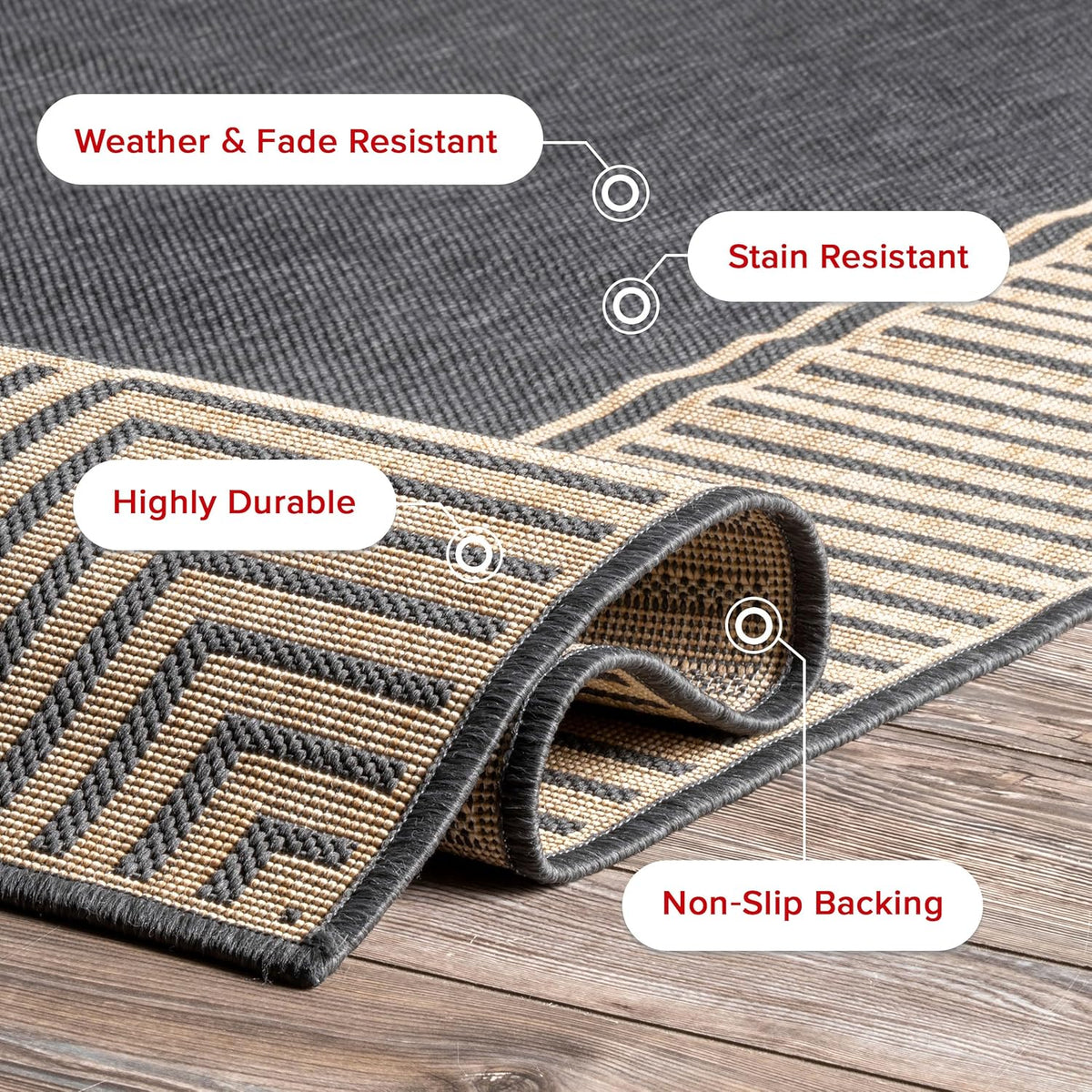 nuLOOM 6' 7" x 9' Outdoor Area Rug, Casual Design With Striped Border, Stain Resistant, Highly Durable, For Patio, Balcony, Bedroom, Living Room, Dining Room, Bathroom, Dark Grey