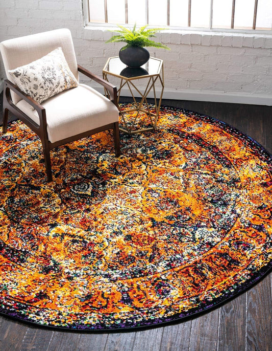 Unique Loom Rosso Collection Vintage, Traditional, Bohemian, Geometric, Border, Distressed, Southwestern Area Rug, 8 ft x 8 ft, Orange/Black