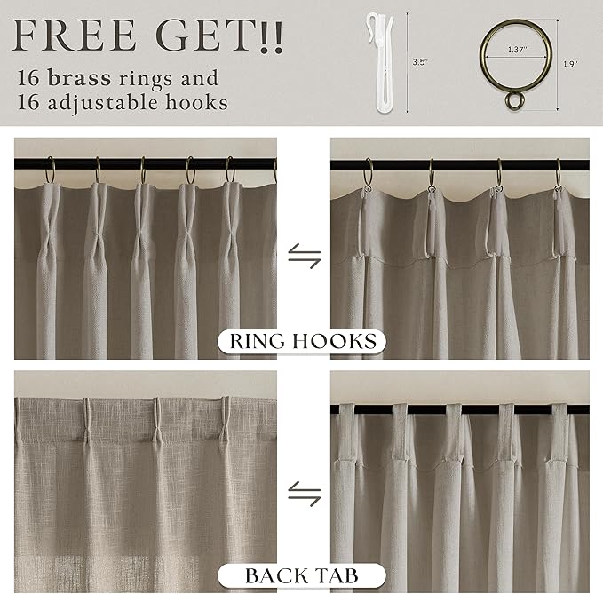 92 Inch Taupe Linen Pinch Pleated Light Filtering Curtains 50x92 2 Panels | - Image 4