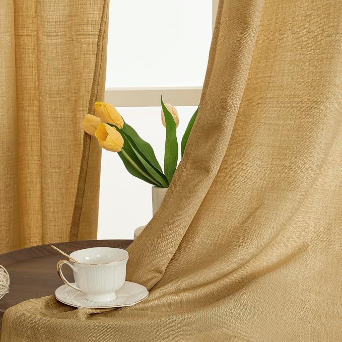 Caramel Brown Linen Curtains for Living Room 84 Inch Length 2 Panels | Faux - Image 2