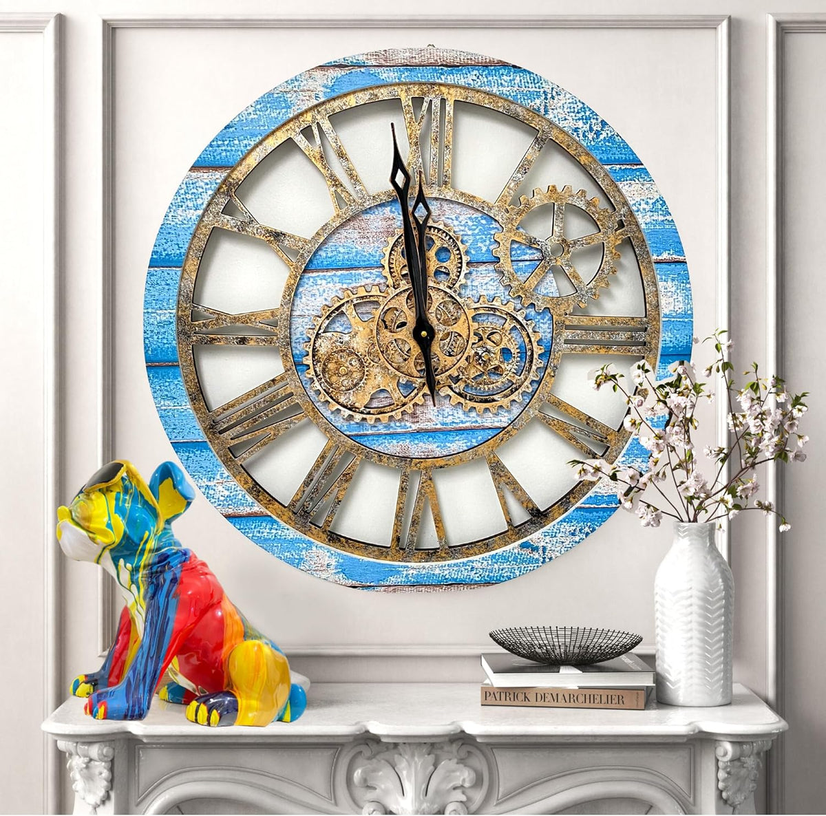 The Gears Clock The Original Real Moving Gear Wall Clock Vintage Industrial Oversized Rustic Farmhouse (24 inch (60cm), Vintage Ocean Blue and Bronze)
