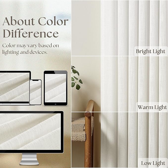 90 Inches Long Linen Curtains 60 Inch Width Pinch Pleated Beige White | Ivory - Image 3