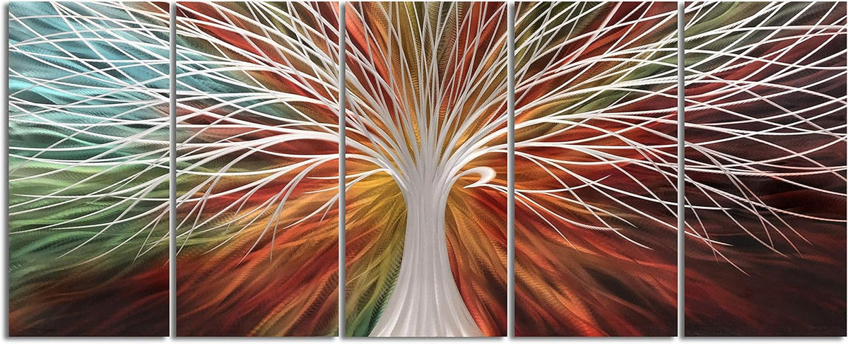 Yihui Arts Abstract Metal Wall Art - Tree Of Life Hand Crafted 5 Pieces Panels Large Big Unique 3D Aluminum Modern Contemporary Home Accent