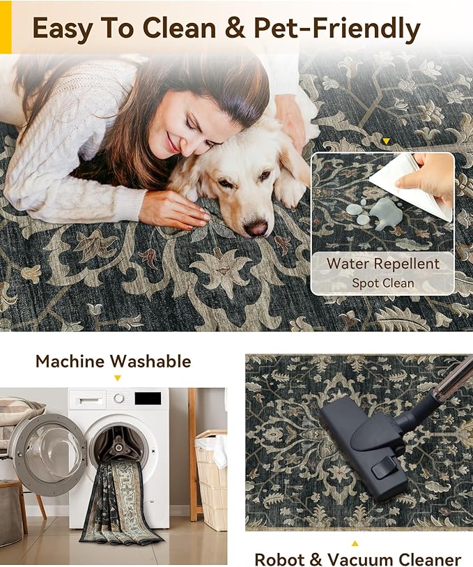 RELEANY Washable Area Rug, Water Repellent, Pet Friendly, Vintage Floral Boho - Image 4
