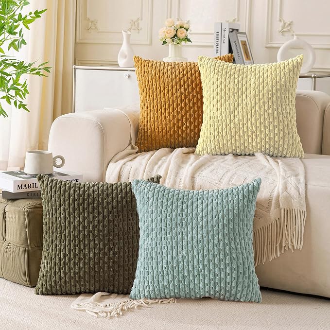 Set of 4 Pale Yellow Decorative Throw Pillow Covers 16x16 Inch Corduroy Pillow - Image 3