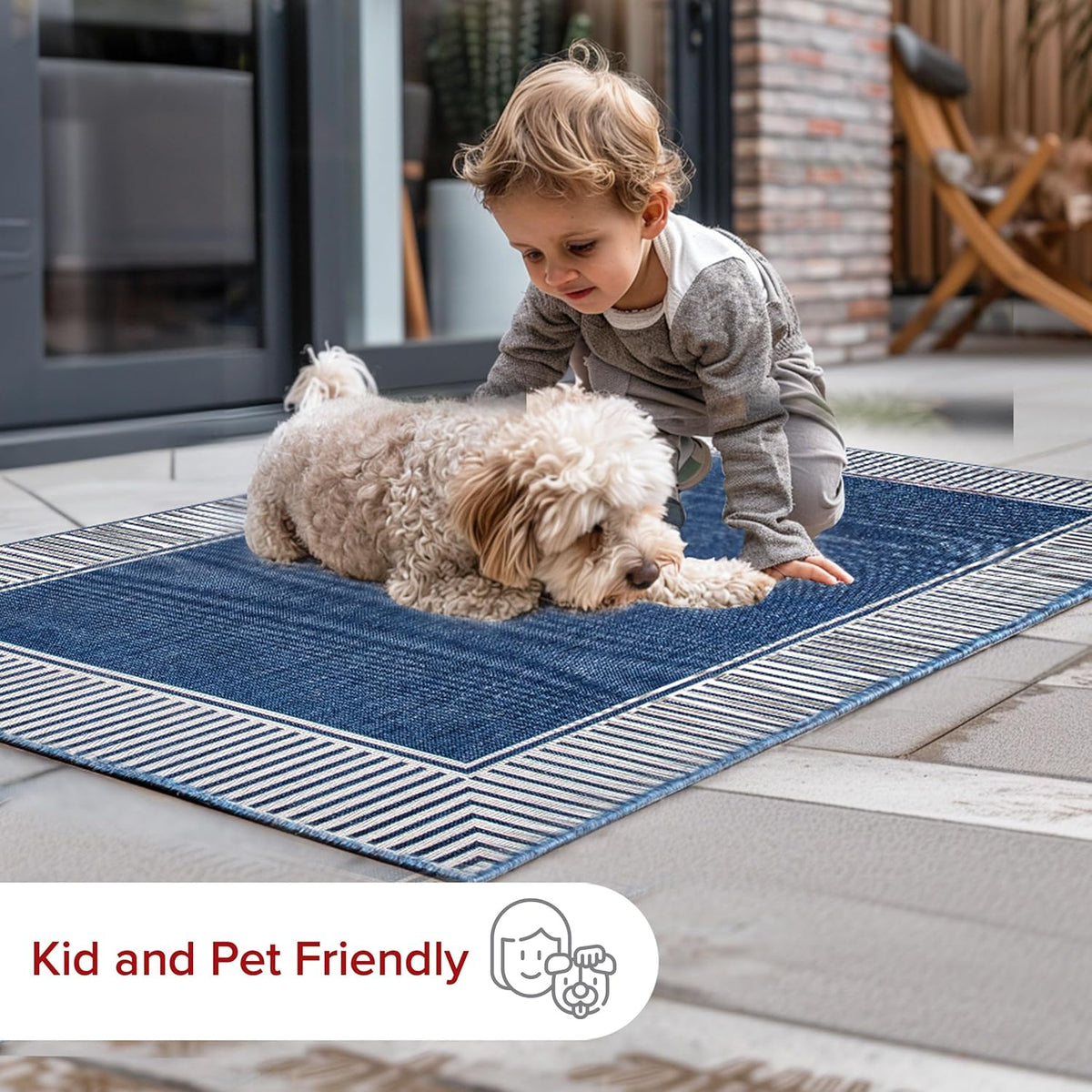nuLOOM 4' x 6' Outdoor Area Rug, Casual Design With Striped Border, Stain Resistant, Highly Durable, For Patio, Balcony, Bedroom, Living Room, Dining Room, Bathroom, Navy