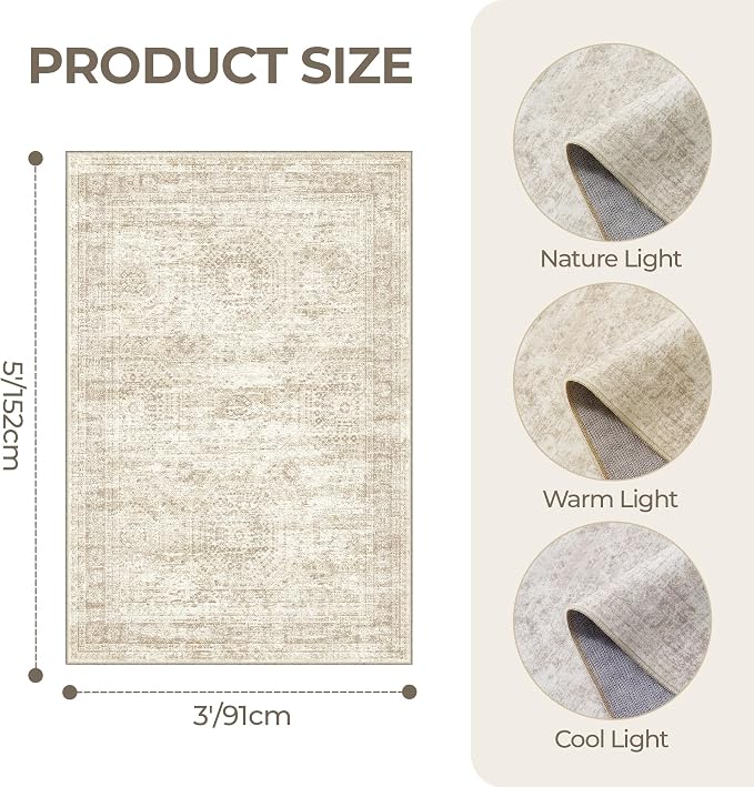 3x5 Rug for Entryway, Washable Area Rug, Living Room, Dining Room, Neutral Rug - Image 2