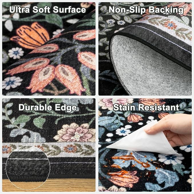 PLHXFR 6x9 Area Rug Living Room: Floral Washable Boho Carpet Dark Black | - Image 7