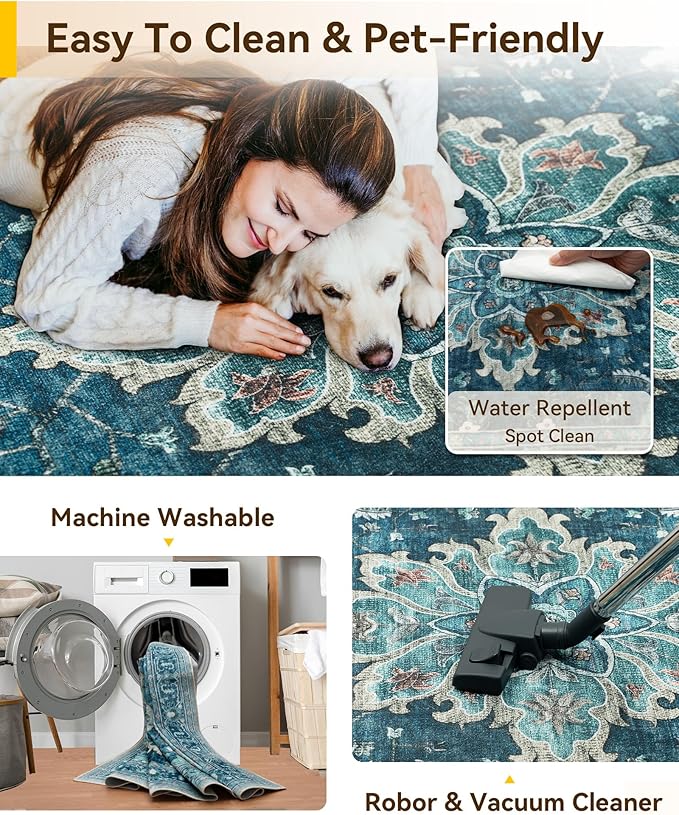RELEANY Washable Area Rug, Runner 2'6"x14', Teal | Non-Slip, Water Repellent - Image 3