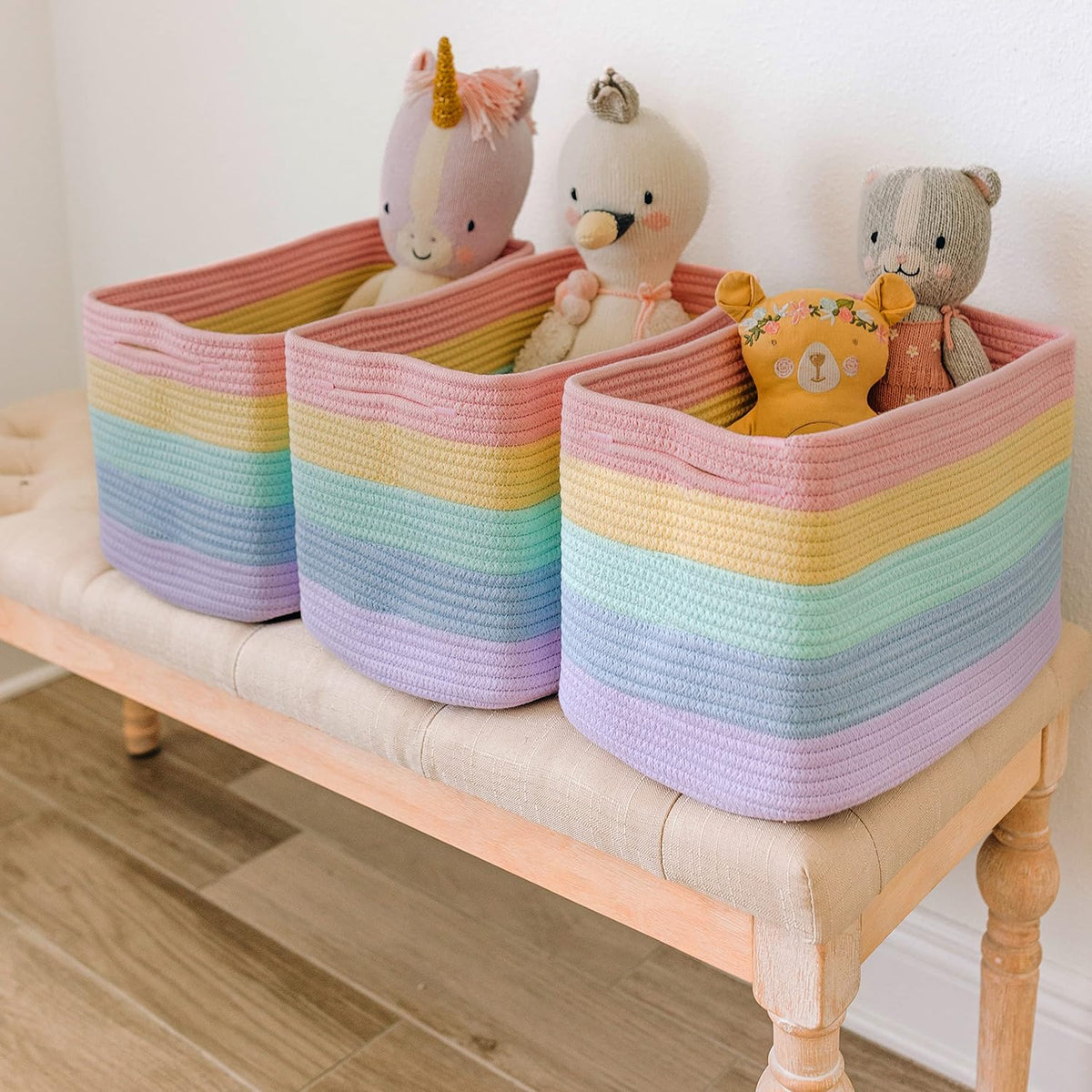 OrganiHaus Set of 3 Rainbow Woven Storage Baskets for Organizing, Cotton Rope Organizer Bins for Shelves, Closet & Nursery, Dog Toy Basket, Decorative Bins for Toys, Towels & Books - 15x10x9