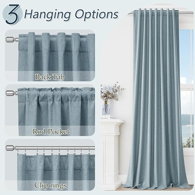 Blue 100% Blackout Linen Curtains 84 Inch Length 2 Panels Set - Image 6