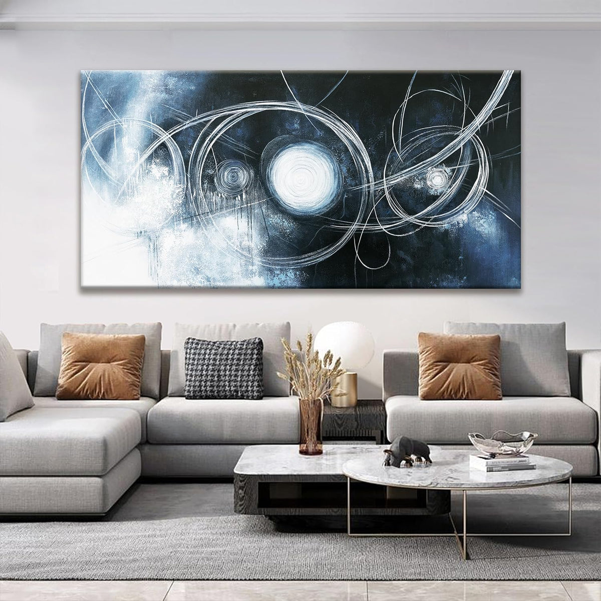 TAIJXAGSG Abstract Wall Art Modern Wall Decorations Maximalist Dark Blue Canvas Wall Art Decor Prints White Line Artwork For Living Room Bedroom Kitchen Office Artwork Ready To Hang 24"×48"