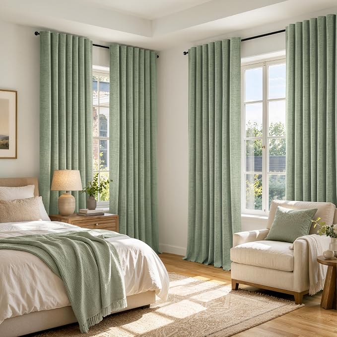 MIULEE 100% Blackout Linen Curtains 42 x 108 Inch Sage Green 2 Panel | Thermal - Image 8