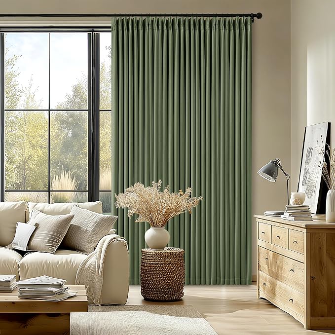 86 Inch Olive Green Linen Pinch Pleated Blackout Curtains - Image 7