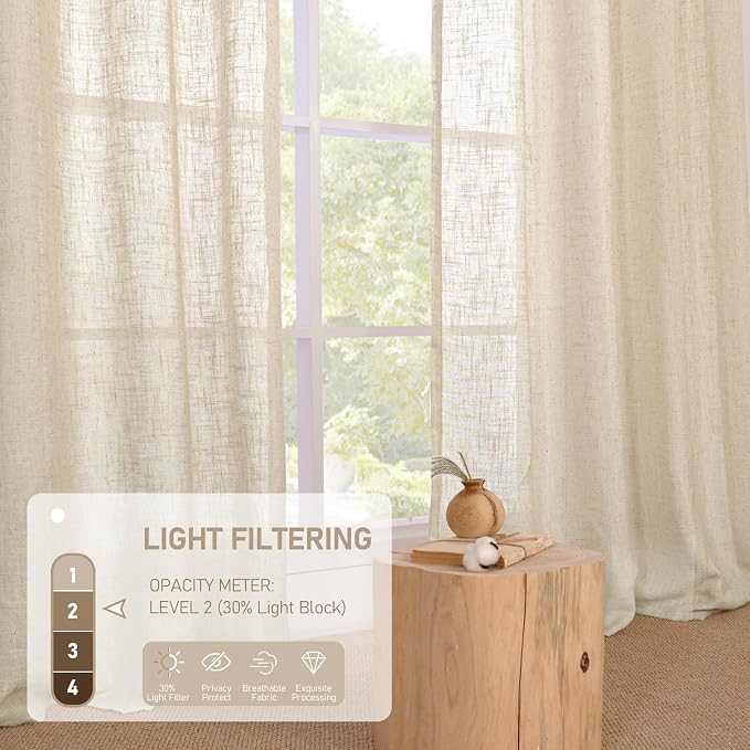 Light Filtering Sheer Linen Curtains 102 inches Long, Linen Textured Semi Sheer - Image 4