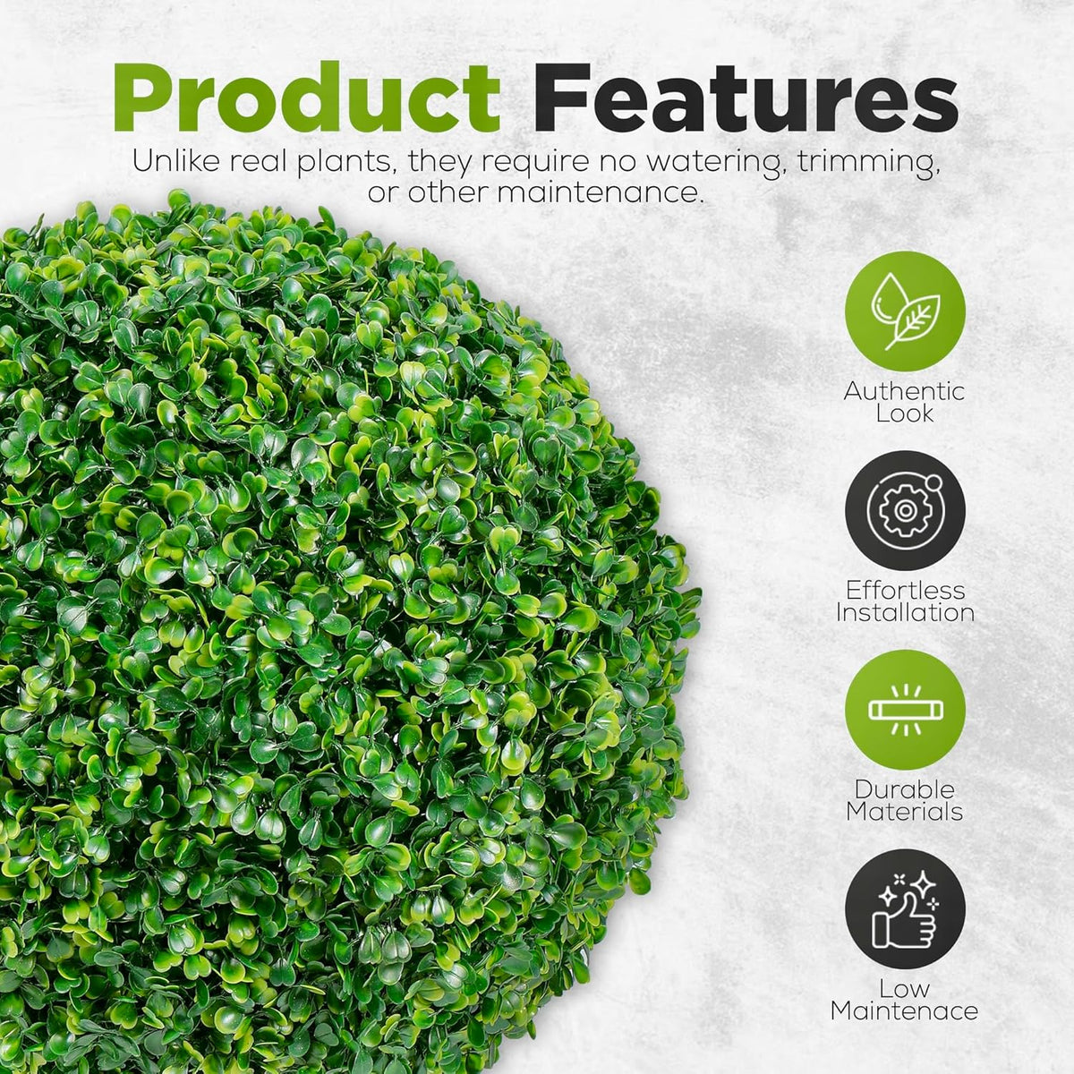 DRAY Premium 13" Faux Boxwood Balls – Set of 2 Artificial Topiary Spheres for Outdoor & Indoor Use – Realistic, UV-Resistant, Weatherproof Decorative Greenery – Check Measurements