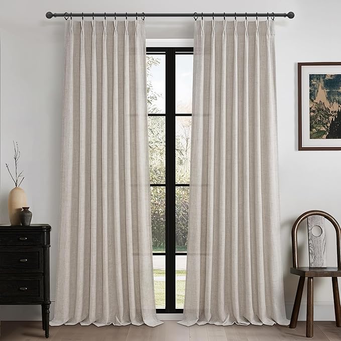 Greyish Brown Pinch Pleated Linen Sheer Living Room Curtains 84 Inches Long | by PleatedDrapes