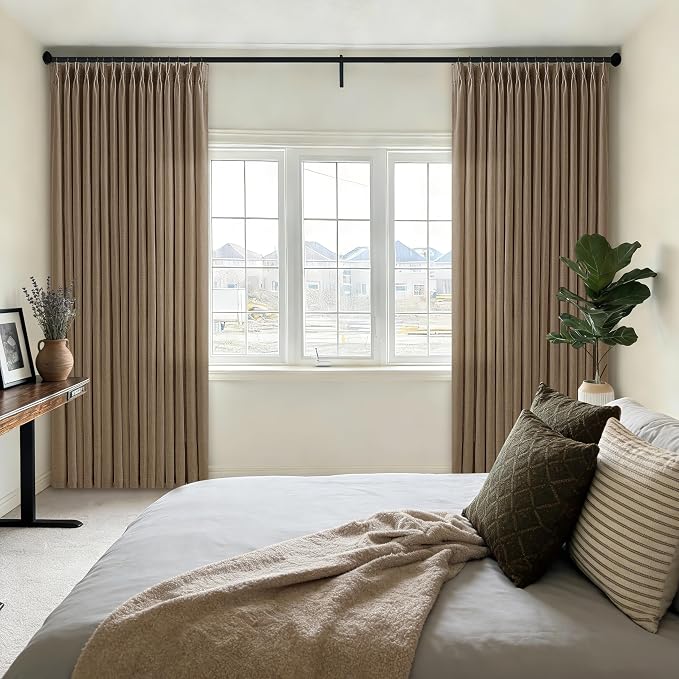 Vintage Dark Brown Pleated Linen Semi Sheer Curtains 112 Inch Long 2 Panels | - Image 9