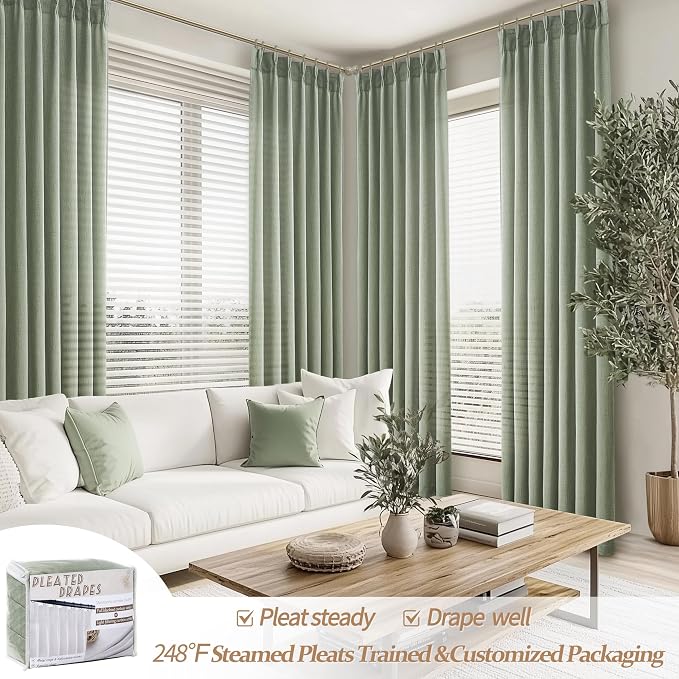 Memory Trained Pinch Pleated Linen Sage Green 100 Inch Long Sheer Curtains | - Image 4