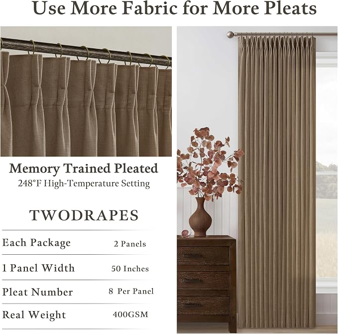 72 Inch Thick Linen Dutch Cocoa Semi Sheer Pinch Pleated Curtains 2 Panels | - Image 5