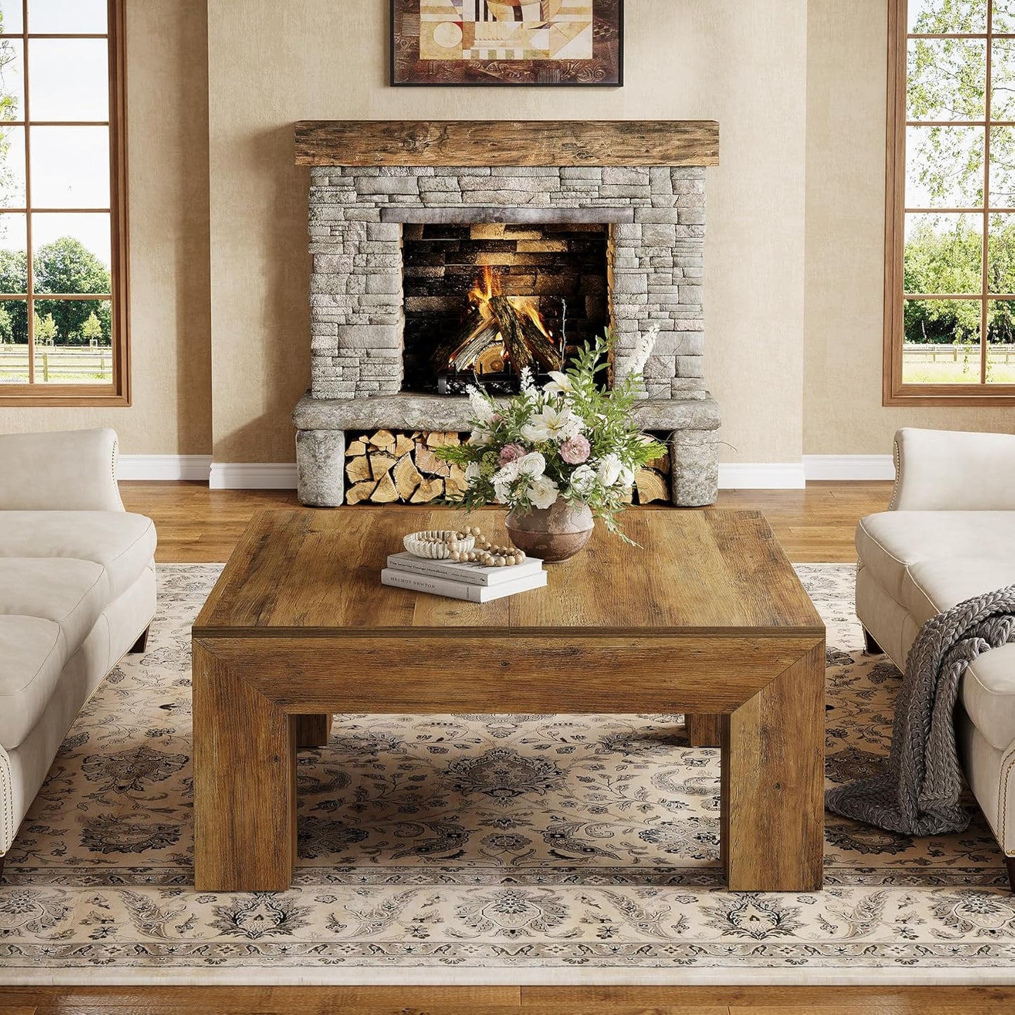 Tribesigns 39.4-Inch Square Coffee Table for Living Room, Farmhouse All MDF Accent Center Cocktail Table with Sturdy Wooden Legs, Easy Assembly, Rustic Brown