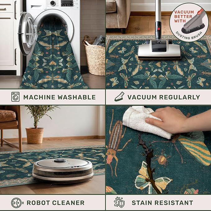 Teal Boho Runner Rug 2x8, Washable Non Skid Kitchen Sink Carpet - Image 5
