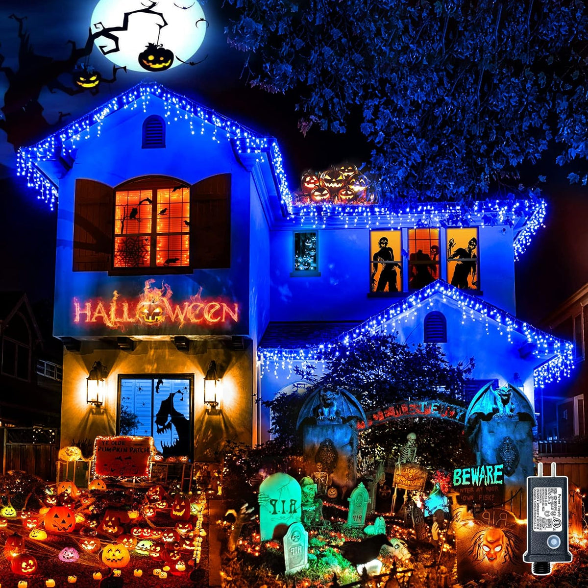 Halloween Icicle Lights Outdoor, 66 FT 640 LED Icicle Lights for Outside 8 Modes with 120 Drops, Plug in Waterproof Blue Halloween Light for House Indoor Holiday Pavilion Balcony Decorations