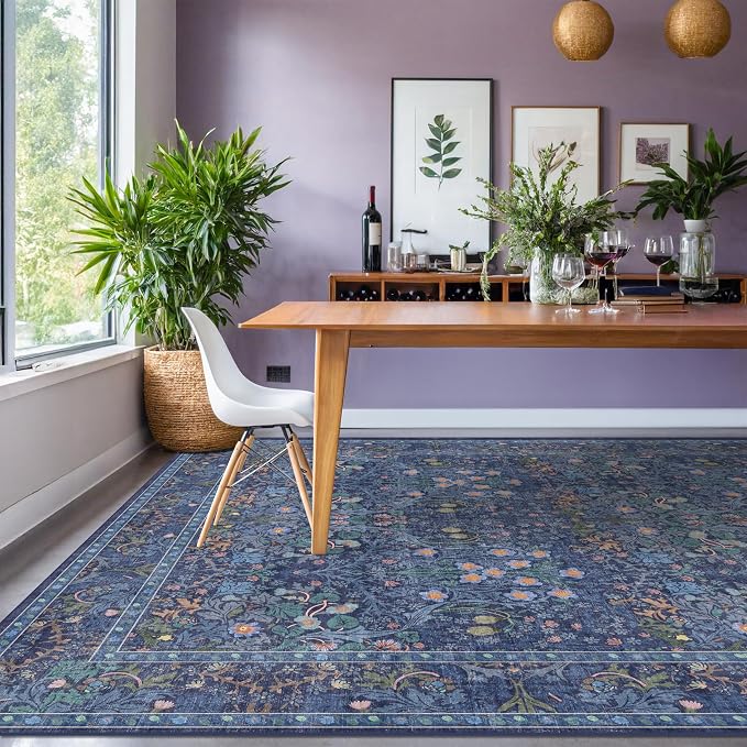 Dark Blue Living Room Rug 8x10, Vintage Floral Washable Area Rugs - Image 7