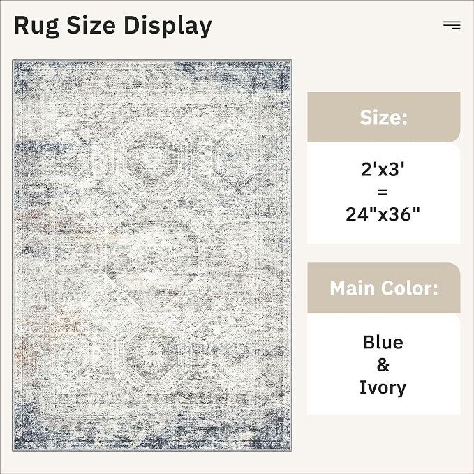 Soalmost 2x3 Washable Rugs for Kitchen, Small Area Rug Blue/Ivory | Non-Slip - Image 5