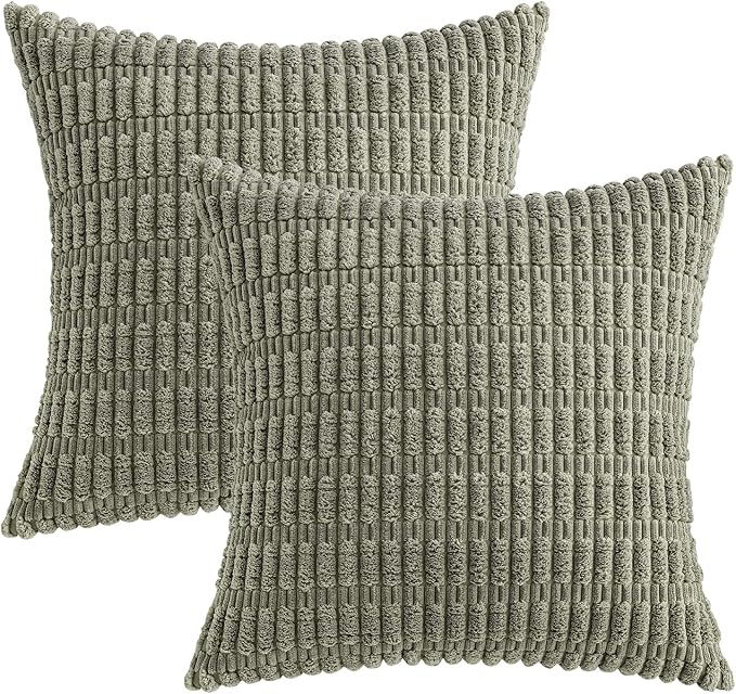 MIULEE Corduroy Decorative Throw Pillow Covers 16x16 Light Olive Pack of 2 | - Image 6