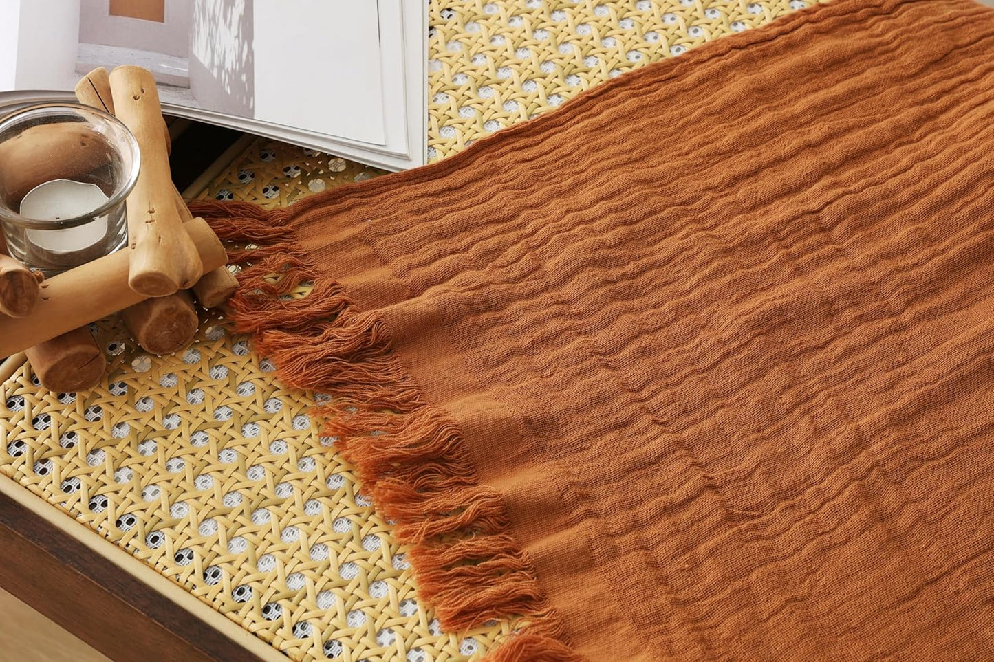 100% Cotton Muslin Throw Blanket for Bed, Couch, Travel, Luxuriously Soft, Pre-Washed, Breathable and Lightweight Gauze Blanket with Tassels, Suitable for All Seasons, Rust, 50"x60"
