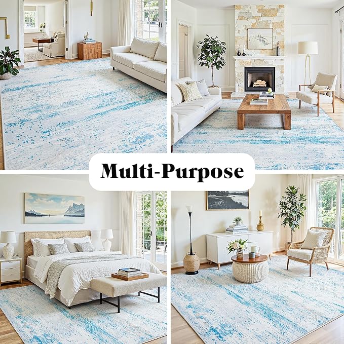 10x14 Washable Area Rug for Living Room Bedroom: Non-Slip Modern Light Blue | - Image 3