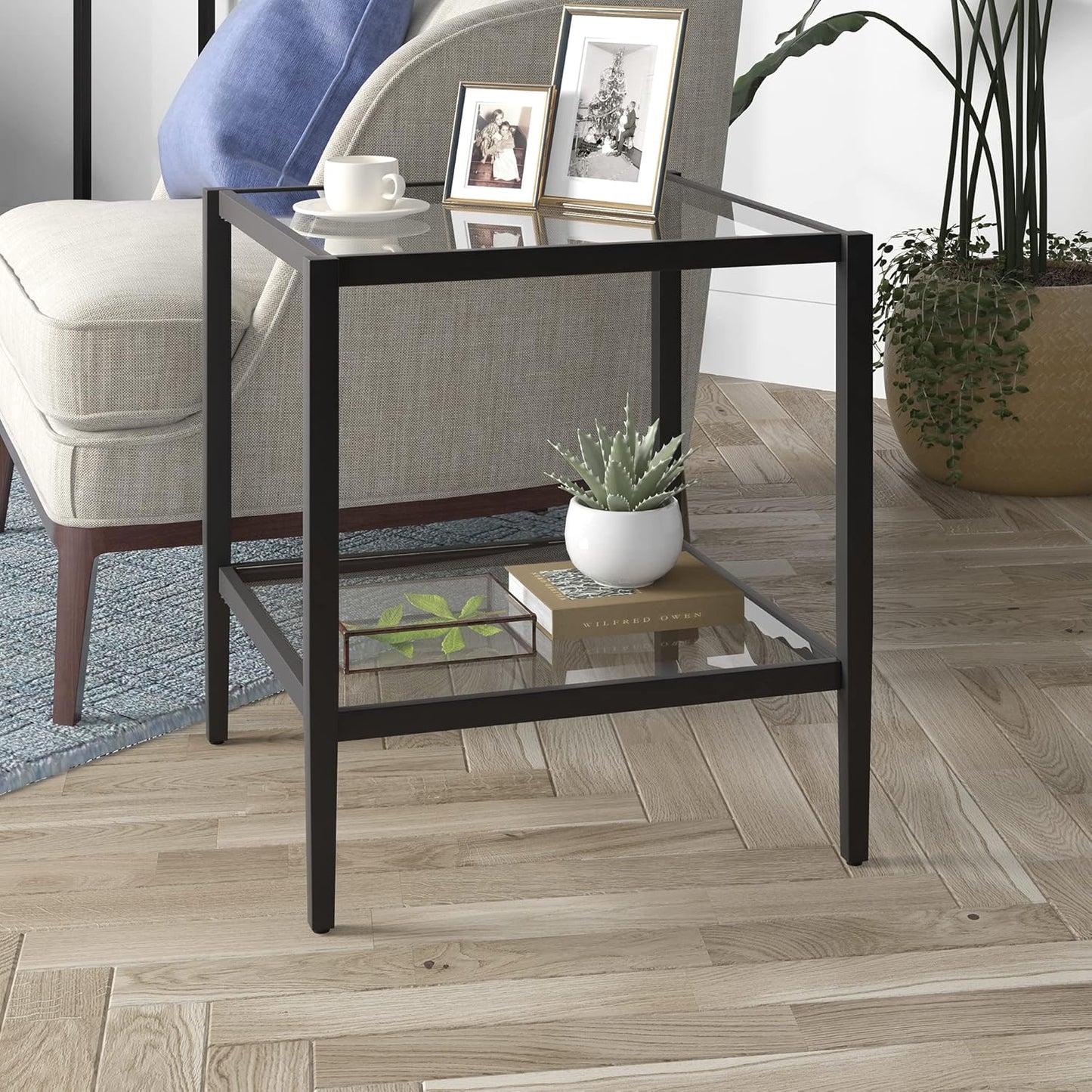 Henn&Hart 20" Wide Square Side Table with Glass Shelf in Blackened Bronze, Table for Living Room, Bedroom