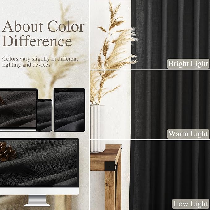 Black Boho Curtains for Bedroom Back Tab Rod Pocket Semi Sheer Linen Curtains - Image 4