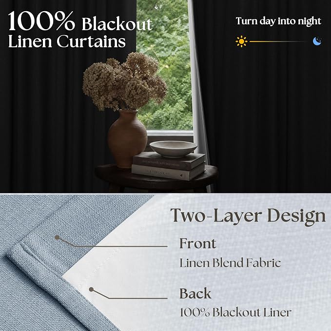 Light Blue Pinch Pleated Dual Layer Blackout Linen Curtains 102 Inches Long | - Image 4