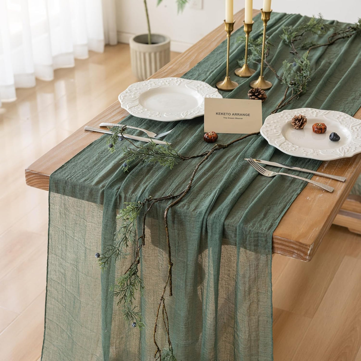 3Pcs Forest Green Gauze Rustic Cheesecloth Table Runner 120 Inch 10 FT for Wedding Baby Shower Bridal Shower Birthday Engagement Garden Outdoor Party Long Sheer Boho Decorations