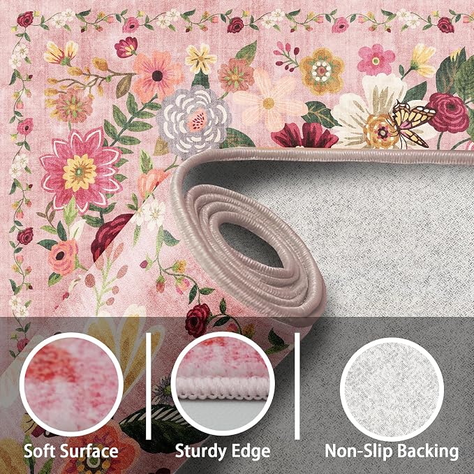 Pink Washable Area Rug 10x14 for Living Room Bedroom | Low Pile; Non Slip; - Image 5