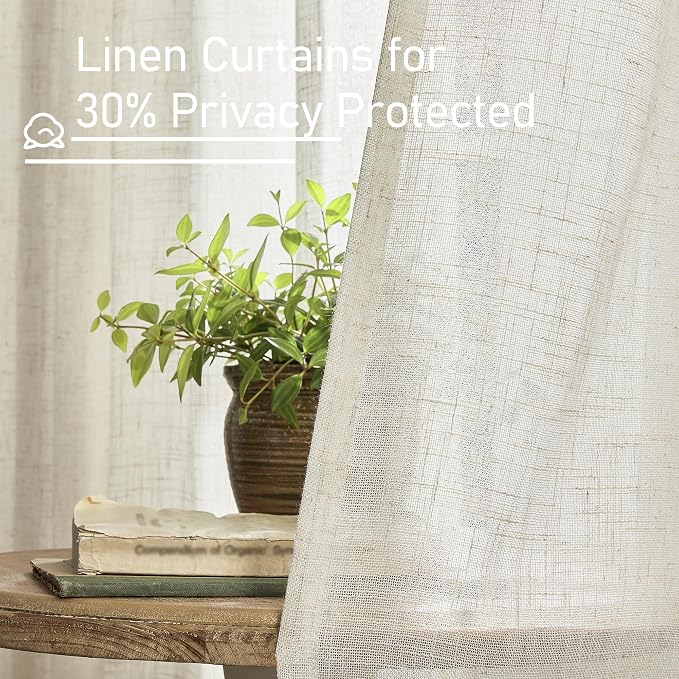 54 inches Long Semi Sheer Linen Curtains 2 Panels, Cream Ivory | Light - Image 5